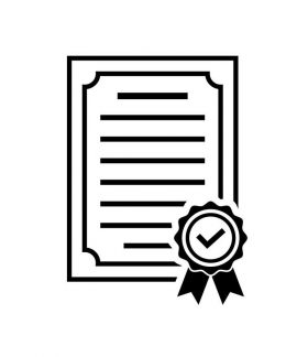 Vector certificate icon with rosette and check. Black achievement symbol in flat style isolated on white background. Award, grant or diploma symbol. Simple icon for web site design or button to app.